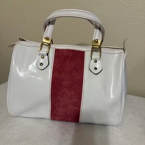 Vintage White Pleather and Pink Suede Handle Bag
